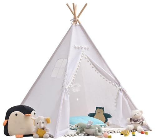 Tipi Zelt 120x120x160cm Spielzelt mit Filzkugel Indoor Spielhaus Mehrere Farben Segeltuch Tipizelt Lesezelt&Spielzimmer Kinderzelt (Weiß-A)