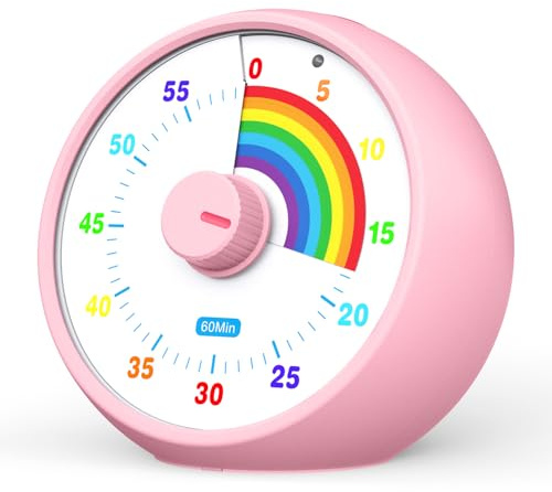 Visual Timer for Kids, 60-Minute Countdown Timer for Classroom Office Kitchen, Desk Timer Kids Time Management Tools with Silent Operation, Pomodoro Time Rainbow Pattern (Pink)