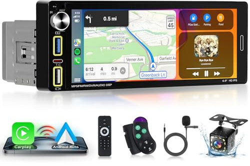 Single Din Apple Carplay Car Radio with Wireless Android Auto, Hodozzy 6.9 inch 1 Din Car Stereo Touchscreen Support Bluetooth 5.2 FM Radio Type-C USB Fast Charge Mirrorlink EQ SWC Backup Camera