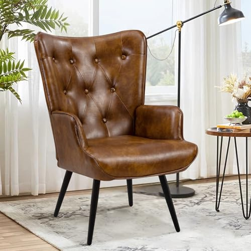 Ckaff Butaca de Salón, Sillón de Salón Orejero Estilo Escandinavo, Butaca de Dormitorio con Tapizado Sillón Lectura con Respaldo Ergonómico para Dormitorio Sala de Estar Balcón, Marrón