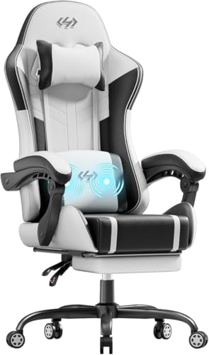 Precision Synergie Massage Gaming Chair, Gaming Chair With Footrest Ergonomic Computer Chair for Adults with Pocket Spring Cushion Headrest Lumbar Support，Height Adjustable for home, White & Black