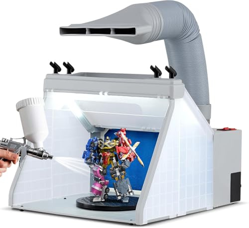 GYMAX Cabine pour Peinture Aérographe, Modélisme, Pulvérisation, avec Plateau Tournant, Ventilateur, Tuyau d'Extension d'Échappement, Filtre, 3 Lumières LED, Design Pliable Portable