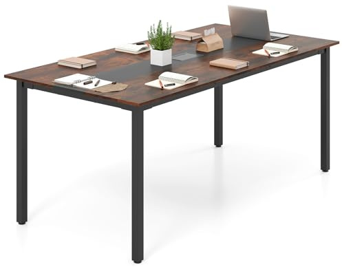 COSTWAY Table de Conférence180 x 90 cm, Table de Réunion pour 8-10 Personnes, Rectangulaire avec Passe-câble pour Salle de Réunion, Bureau, Salle à Manger, Marron Rustique