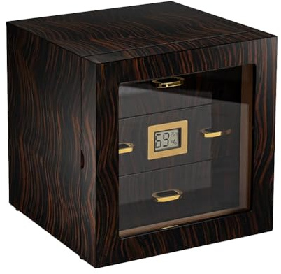 PP-Vic Treskikts högkvalitativ cederträslåda cigarrbox, liten cigarrhumidor, skrivbord cederträsglasdörr, handgjord cigarrförvaringslåda med luftfuktare och hygrometer, lämplig för hem
