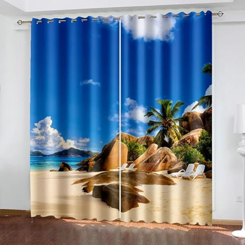 Beydodo Vorhänge Verdunkelung mit Ösen, Blickdichte Gardinen 2er Set 244x274CM Landschaft Blauer Himmel Strand und Riffe Verdunklungsvorhänge Jugendzimmer Schlafzimmer Wohnzimmer