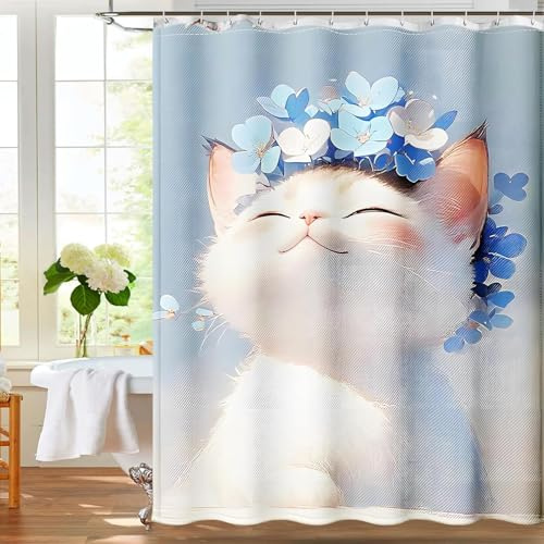 Feinculturia duschdraperi 180 x 200 cm, design i förtjockat elegant kattmönster, tvättbara polyestertextilier antimögel, vattentät badrumsgardin med 12 duschdraperiringar och tung fåll