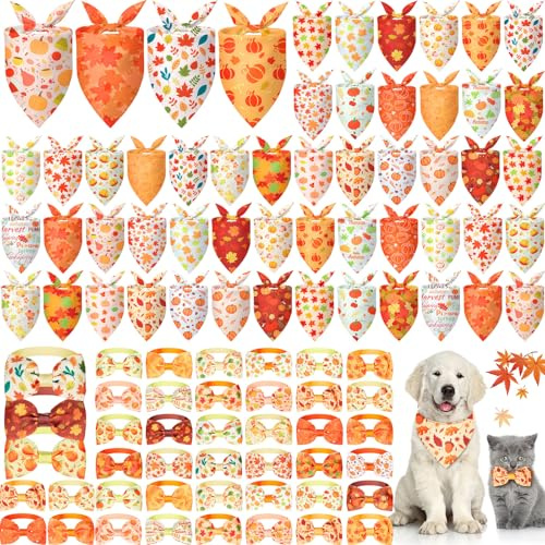 Sanwuta Hundehalstücher und Halsband-Fliegen, Set mit 50 herbstlichen Halstüchern, 50 Stück, Herbstanhänger, Hundehalsband, Ahornblatt, Kürbis, Dreieck, Haustier-Schal, Fliege für S, M, L, 100 Stück