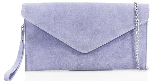Women's Italian Suede Leather Clutch Bag, Metallic Envelope Design, Evening Party Wrist Purse (Lilac)