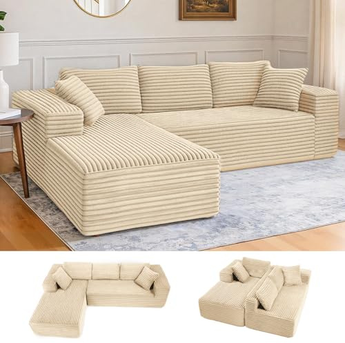 COMHOMA 105 ” modulares Sofa mit tiefer Sitzfläche, L-förmige Couch mit Breiten Armlehnen, Cordstoff, hochdichter Schaumstoff, Chaiselongue für das Wohnzimmer, kein Zusammenbau erforderlich, beige