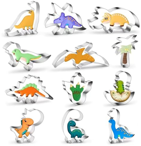 Dinosaurier Ausstecher Set Keksausstecher 12 Stück, Trex,Pterosaur,Brontosaurus,Spinosaurus,Brachiosaurus,Triceratops,Velociraptor,Ei,Fußabdruck,Dinosaurier Plätzchen Ausstecher für Dino Party