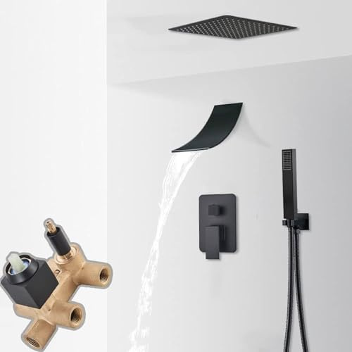 Sistema Doccia Rubinetto Doccia A Soffitto Nero Opaco Cascata A Pioggia Sistema Doccia A Soffitto con Miscelatore per Acqua Calda Fredda A 3 Vie Doccia da Bagno, 3-Way 12 Waterfall a
