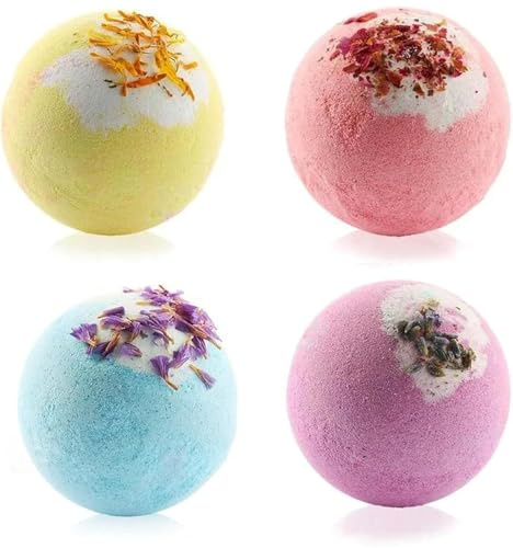 Bombes de Bain, Lot de 4 Coffret Cadeau Boules de Bain, Boules de Moussantes Biologiques et Naturelles pour Cadeau Femme, Enfants, Fete des Meres, Noël
