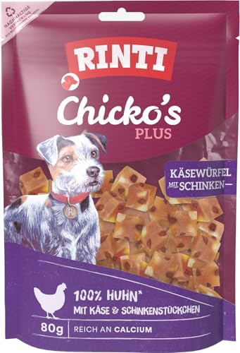 RINTI - Chicko Plus Käse-Schinken-Würfel | Hühnerbrustfilet mit Käse und Schinken für ausgewachsene Hunde. Calciumreicher Hundesnack ohne Zusatzstoffe im Frischebeutel | 12x80g