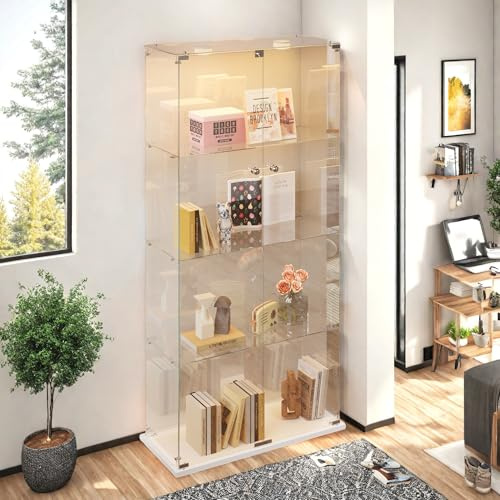 Julyue Stående Glasvitrinskåp med LED, Vitrinskåp med 4 Lager och 2 Dörrar av Härdat Glas, Vitrinskåp för Vardagsrum, Kontor, Sovrum (Vit LED-A, 163 x 35 x 78,5 cm + 4 Våningar2 Dörrar)