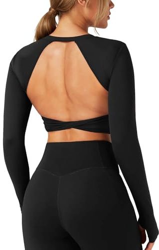 TZLDN Women Backless Gym Tops Long Sleeve Sports Top Workout T Shirts Pilates Yoga Running Black M