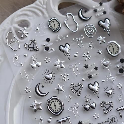 5D Silver Nagelklistermärken Set – Självhäftande Metalliska Naglar med Hjärta, Stjärna och Klocka Motiv, 3D Reliefklistermärken för DIY Manicure Damer Flickor
