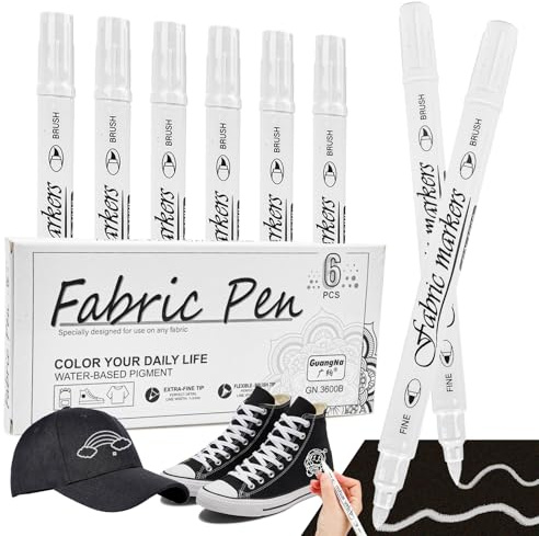 Fonyet 6 Stück Weiß Textilstifte Waschmaschinenfest Doppelseitiger Textilmarker mit Weicher Stift, Stoffstifte Waschmaschinenfest für T-Shirts, Hut, Segeltuchschuhe, Einkaufstasche