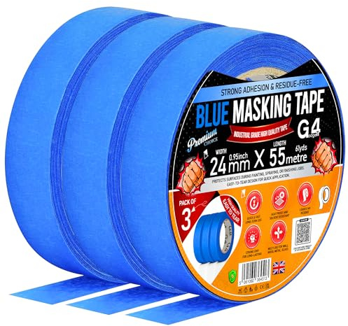 G4GADGET Blue Masking Tape for Painting (3 Pack) – 24mm x 55m Painters & Decorators Tape, Low Tack Crepe Paper, Clean Removal, Residue-Free for Walls, Trim & DIY Projects