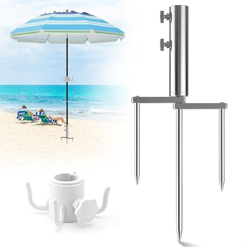 COZCLAM Sonnenschirmständer mit Rasendorn, Erdspieß aus Edelstahl | Abnehmbarer Sonnenschirmhalter mit 3-Spitzen-Bodenanker & Schirmständer für Garten, Strand, Rasen, Sand, Camping & Angeln
