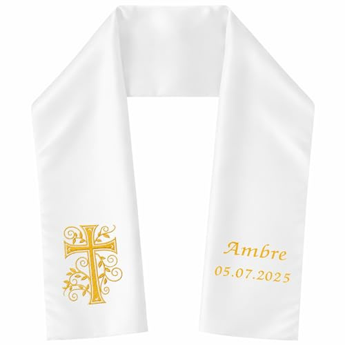 Atelier Fildor Étole de Baptême Ado/Adulte Personnalisée Prénom Date - Broderie Satin Blanc Fait Main 120x15 cm - Cérémonie Religieuse Communion - Cadeau Marraine Parrain