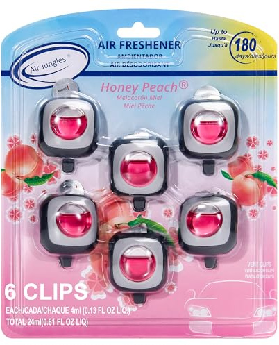 Air Jungles Honey Peach Scent Car Air Freshener Vent Clip, 6 Count Long Lasting Up to 180 days, Natural Essential Oil Car Fragrance for Women and Men, Odor Eliminator - 4ml Each