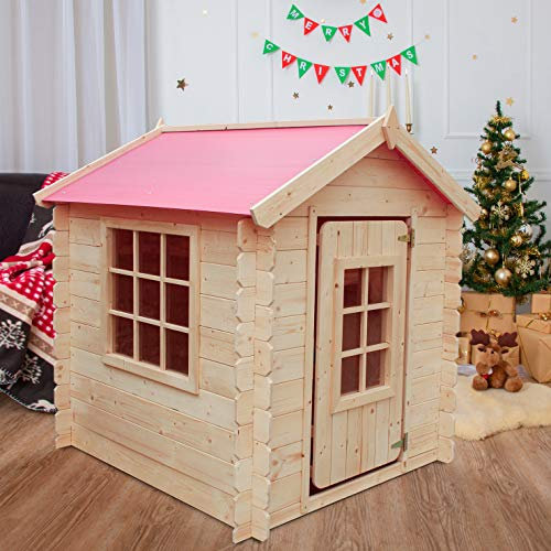 Timbela M570R-1 Kinderspielhaus aus Holz- Spielhaus im Freien für Kinder - 111x113xH121 cm/0.9 m2 Gartenspielhaus - Garten-Sommerhaus für Kinder (Die Dachfarbe ist rot)