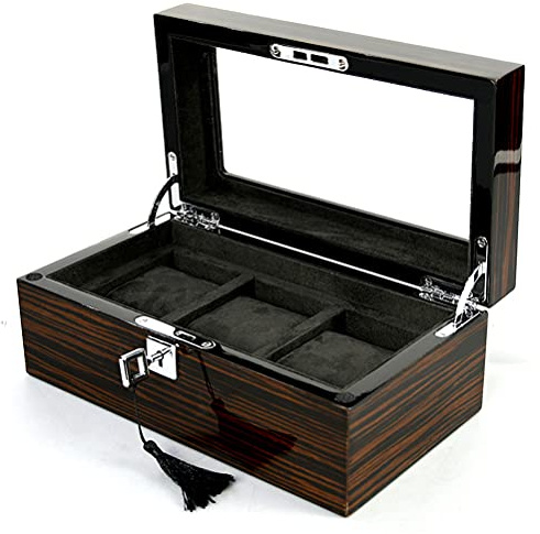 ACMHNC Holz Uhrenbox für 3 Uhren, Uhrenkasten Herren Damen Abschließbar Uhrenkoffer mit Transparent Glasdeckel, Uhrenkissen, Schmuckkästchen