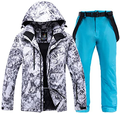 Herren Skijacke und Hosen Set Wasserdicht Outdoor Winter Snowboard Jacken Winddicht Berg Schneeanzug A-Lake Blue Pant Jacket M Pants L