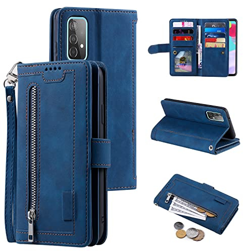 EYZUTAK Handyhülle für Samsung Galaxy A53 5G, Flip Lederhülle, Blau | Klappbar PU Leder Case, 9 Kartenfächern, Standfunktion, Reißverschluss, Magnetverschluss Brieftasche, Retro Matt Ledertasche
