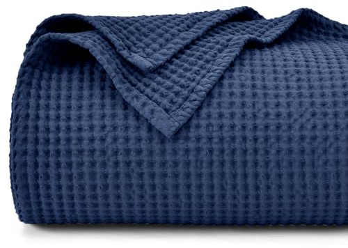 PHF 100% Cotton Waffle Weave Blanket SuperKing Size 230 x 270cm, Pre-Washed Lightweight Breathable Throw Blanket, Oeko-TEX Certified for Bed Couch Sofa, Home Decor, Navy Blue
