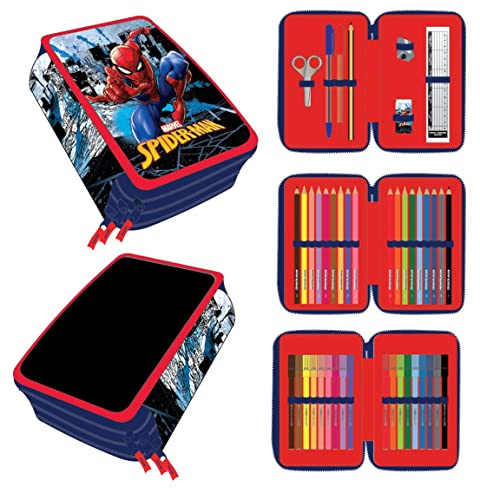 CERDÁ LIFE'S LITTLE MOMENTS - Federmäppchen 3 Fächer Jungen mit Spiderman Design | Befüllt mit allen nötigen Schulmaterialien für die Vor- und Grundschule - Offiziell lizenziert von Marvel