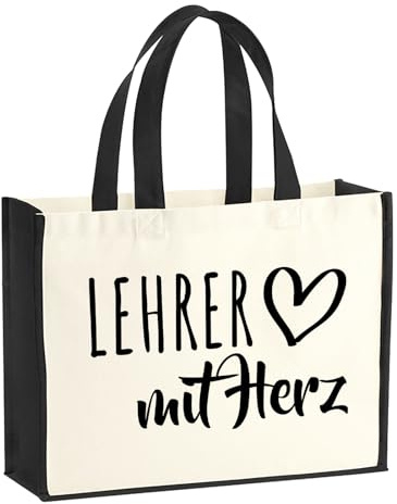 Huuraa Jutetasche Lehrer mit Herz Geschenk | Großer Shopper 21 Liter Juteshopper Black Tasche aus Jute und Baumwolle Einkaufstasche Geschenkidee Tragetasche mit Motiv