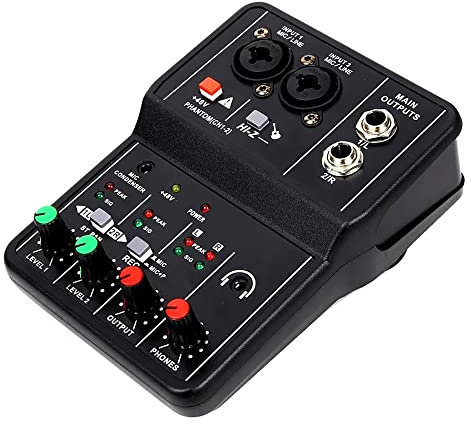 VOANZO Mini Mixer Audio per PC Mixer USB 2 Canali Mixer Microfono/Chitarra XLR+6.35mm 3.5mm Stereo in 48V Phantom Power