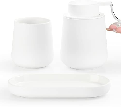 BosilunLife Weißes Badezimmer-Zubehör-Set – 3-teiliges Keramik-Badezimmer-Seifenspender-Set Bauernhaus-Badezimmer-Dekor-Sets Zubehör, Seifenspender und Zahnbürstenhalter, Tablett (weißes Set –