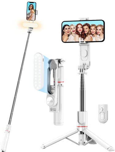 Bastone per Selfie con Treppiede Migliorato- Luce LED Lunga, Treppiede per Telefono Estensibile da 111CM con Telecomando Staccabile per Viaggi, Vlogging e Foto, Compatibile con iPhone e Android