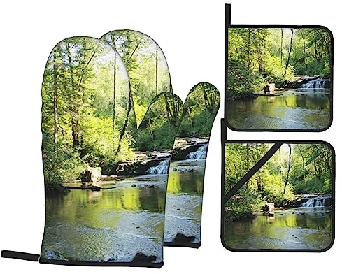 Forest France Trees Stream Printed Oven Mitts and Pot Holders 4 Pcs Set Heat Resistant Hot Pads Cooking Gloves with Lanyard for Baking Cooking BBQ Grill