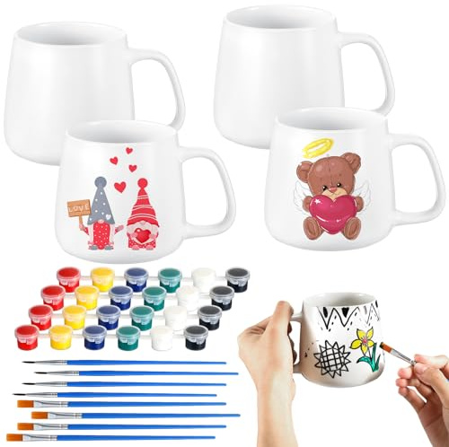 Tticai 4 Sets Paintable Paint Your Own Mug Kits - Mother's Day Party Favor DIY Coffee Mug Painting Kit Art and Crafts for Adults Includes Blank Ceramic Mugs, Painting Supplies - Paints, Brushes