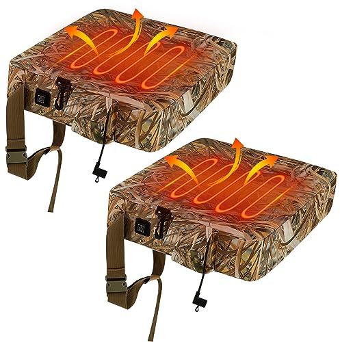 Barydat 2 Pack Heated Hunting Seat Cushion Warm Waterproof Reed Camouflage Portable Pad 16 x 14 x 3.5 Inch for Outdoor Tree Ladder Stand Ice Fishing Hiking Camping Sporting Events (Without Battery)