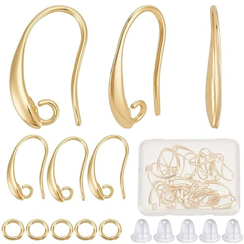 CREATCABIN 30 Stück 18K-Vergoldete Messing-Angelhaken-Ohrringhaken,Französische Ohrhaken,Angelhaken-Ohrringzubehör,Komponente Schlaufen,Biegeringe,Ohrmuttern Für Baumelnde DIY-Schmuckherstellung 2mm
