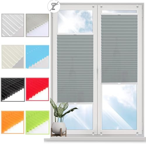 Plissee nach maß,Plissee Faltrollo 100 x 120 cm ohne Bohren Verdunklung Thermo Verspannt Fensterollo, Klemmfix Rollo Blickdichtes Falt-Rollo, für Fenster & Tür, Hellgrau