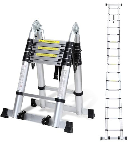 Joparri Alu Teleskopleiter 5M Tragbar Leiter mit Rolle Teleskop Ausziehleiter 2,5M+2,5M Faltbar Stehleiter Rutschfester Aluleiter Mehrzweckleiter