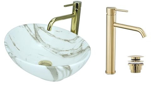 GTM Design Aufsatzwaschbecken Glanz Set mit Waschtischbatterie und Stopfen - Aufsatzwaschbecken Oval für Badezimmer - Modern Waschbecken ohne Hahnloch - Waschbecken mit Armature - Modell 16
