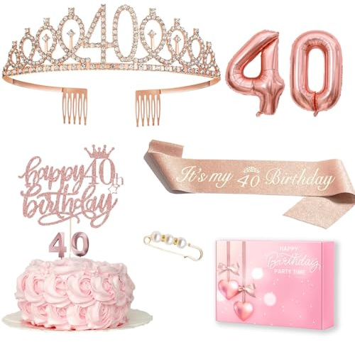Deko 40. Geburtstag Frauen, 40. Geburtstagskrone und Schärpe, Happy Birthday Tortendeko und Kerzen, Roségold Folienballon 40, Geburtstagsgeschenk für 40 Jahre Frau