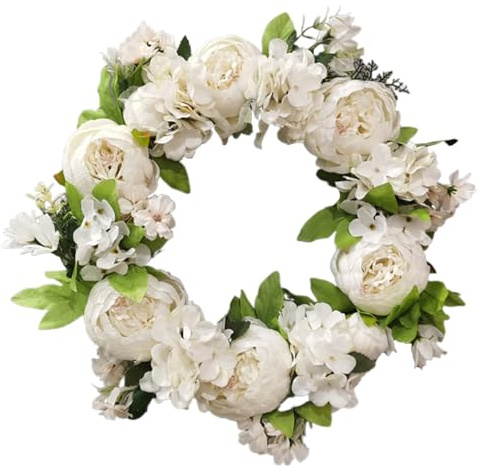 Spring Summer Flower Wreaths,Floral Hydrangea Peony Wreath,Artificial Eucalyptus Green Leaves Farmhouse Wreaths,Decorated Wreath Peony for Front Door Wall Window Wedding Party Decoration(White)