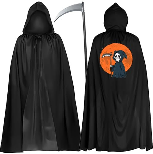 Giggleye Schwarzer Umhang mit Sensenmann-Motiv und Todessense, Herren Damen Kapuzenumhang, Sensenmann umhang für Karneval Halloween Weihnachten Kostümparty (140 cm Umhang, 105 cm Sense)