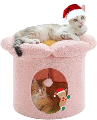 PETEPELA Cat Beds for Indoor Cats, Small Cute Cat Tree House with Removable Flower Cat Bed, Cat Hideaway, Indoor Cat House Condo, Cat Accessories, 20X20X16 Inches, Pink