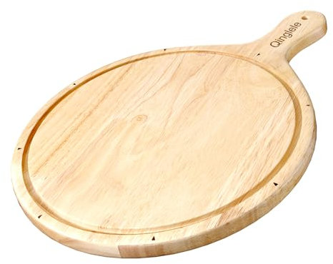 Qinglele Plato de pizza de madera, tabla de pizza de madera de caucho gruesa, tabla de cortar pizza redonda, tabla de madera grande con asa, para pizza, 30,5 cm de diámetro