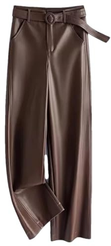 Pantaloni dritti da donna in pelle di pecora Primavera Cintura a vita alta Allentati Pantaloni Casual in vera, Caff, L