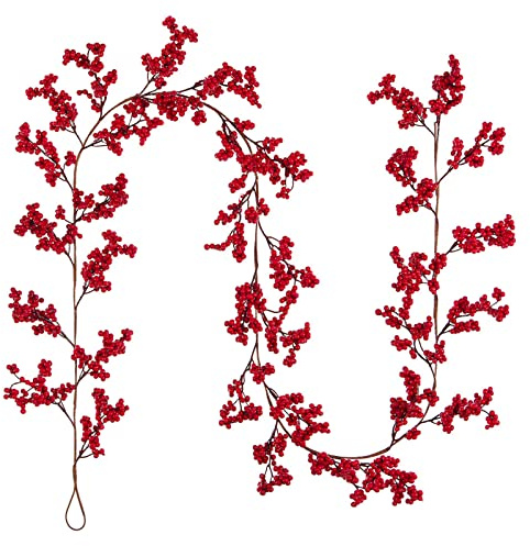 Guirnalda de bayas rojas, vid de bayas de acebo de Navidad de 5.9 pies para árbol de Navidad, guirnalda de bayas de invierno para mantel, árbol de Navidad, ventana, puerta, colgar en interiores y