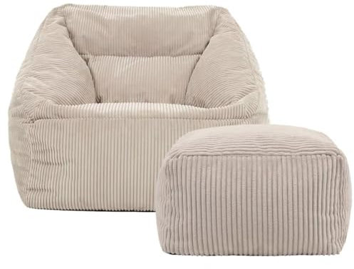 SXBCyan 1-sitziger Dicker Cord-Sitzsack-Stuhl (Ohne Füllung), Sitzsack-Bezug, Weicher Pouf, Ottomane, Kinder-Erwachsene-Sitzsack-Stuhl, Fauler Sessel, Couch, Bodenbestuhlung(Beige White,2 in 1 Cover)